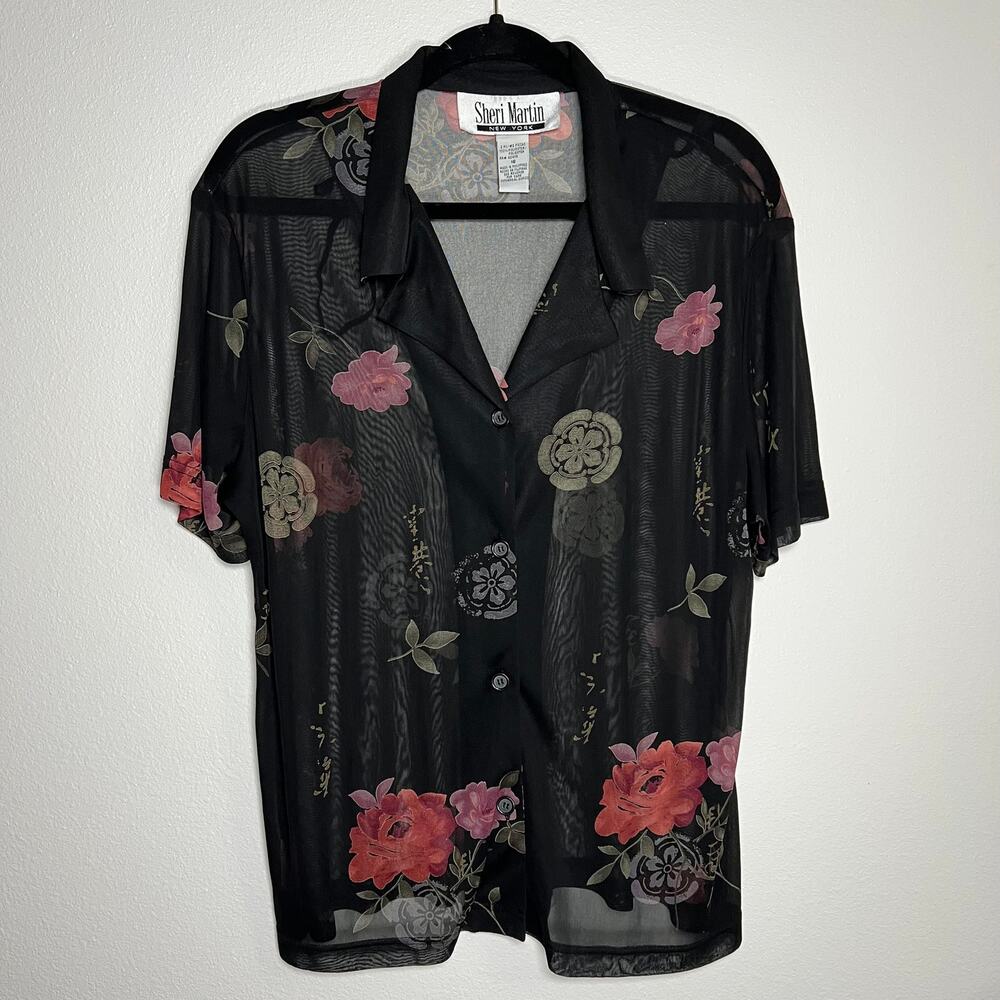 Sheri Martin New York Women's vintage black floral whimsigoth button-up blouse